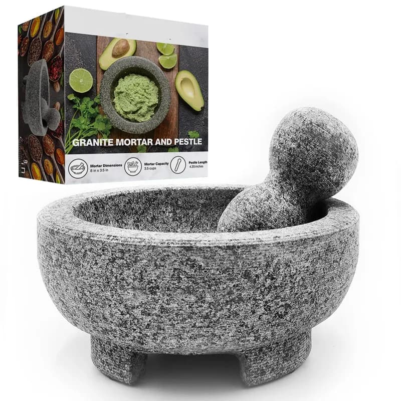 Set mortaio e pestello in granito Ciotola Guacamole Smerigliatrice in pietra naturale da 8 pollici per spezie Condimenti Paste Pestos e Guacamole