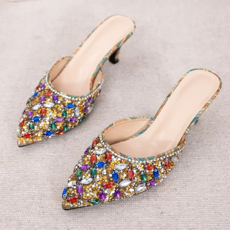 Slippers with cat-shaped heel with women's luxury rhinestones Top slippers Signed slippers Party shoes Women's sandals with fashionable shiny heel