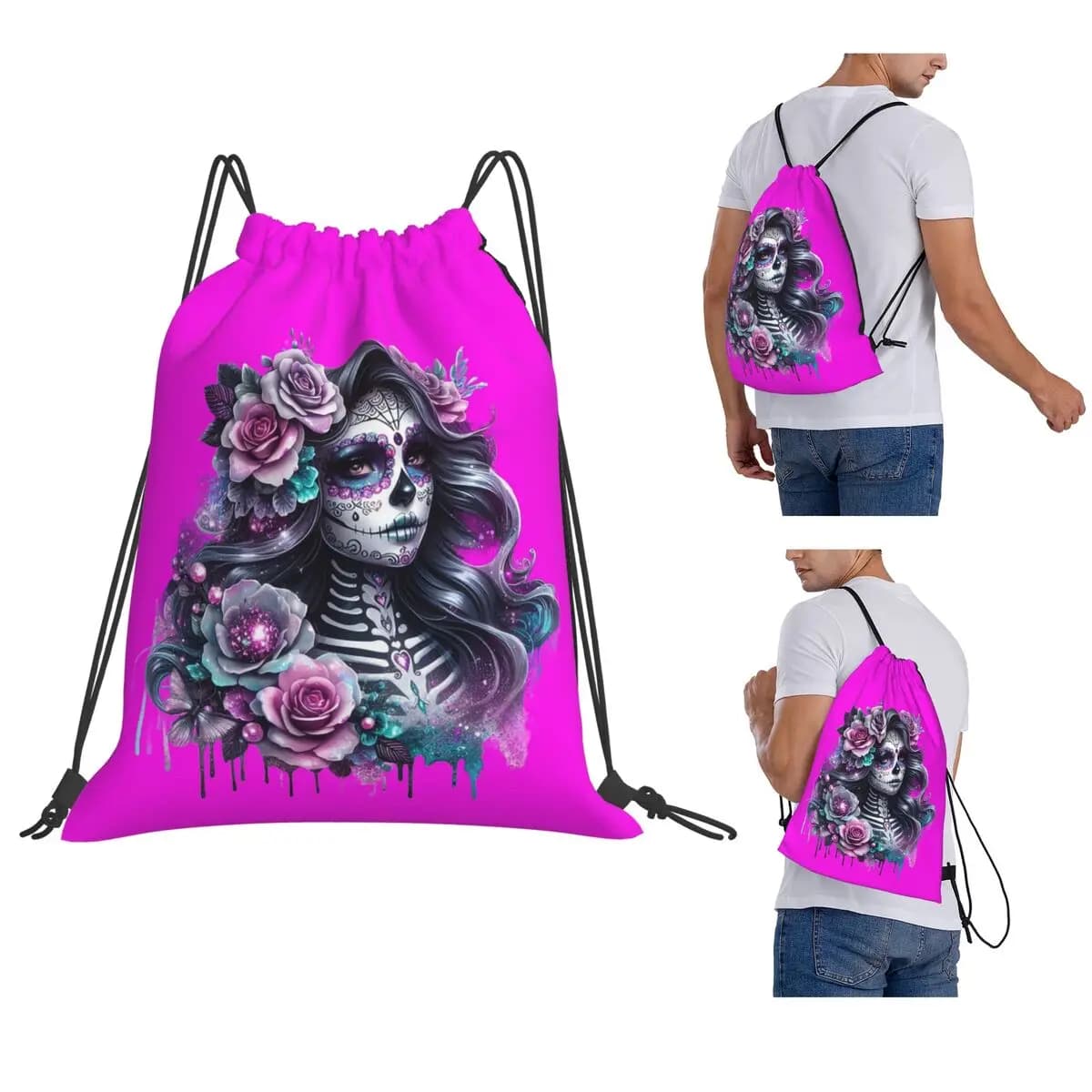 Gothic Day Of The Dead Girl With Roses Skull Backpacks Fashion Drawstring Bundle Pocket Shoes Bag Book Bags for Travel School