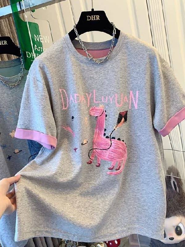 plus Size Women's T-Shirt Sweet Dinosaur Print Short Sleeve Loose Casual Base Shirt Summer Top Breathable Polyester Fiber