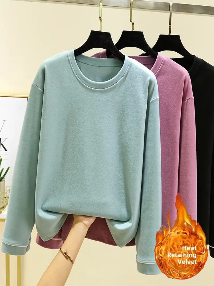 Thickened Fleece Warm Base Shirt Women's Loose Fit Long Sleeve round Neck T-Shirt Winter plus Size Casual Slimming Top