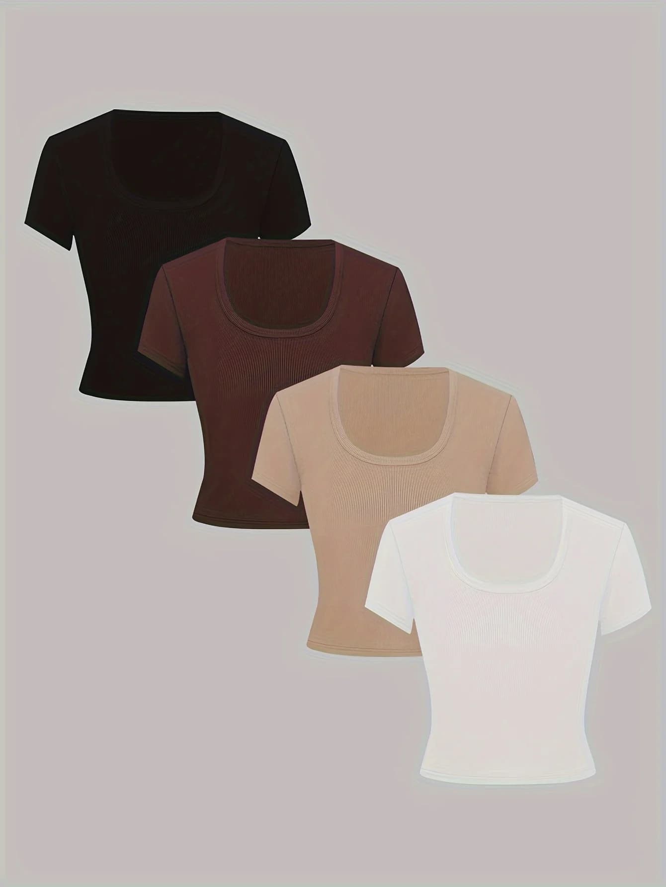 4 Pack Women U Neck Ribbed Knit Short Sleeve Cropped T Shirt Slim Solid Fitted Basic Crop Top For High Waist Jean Matching Casua