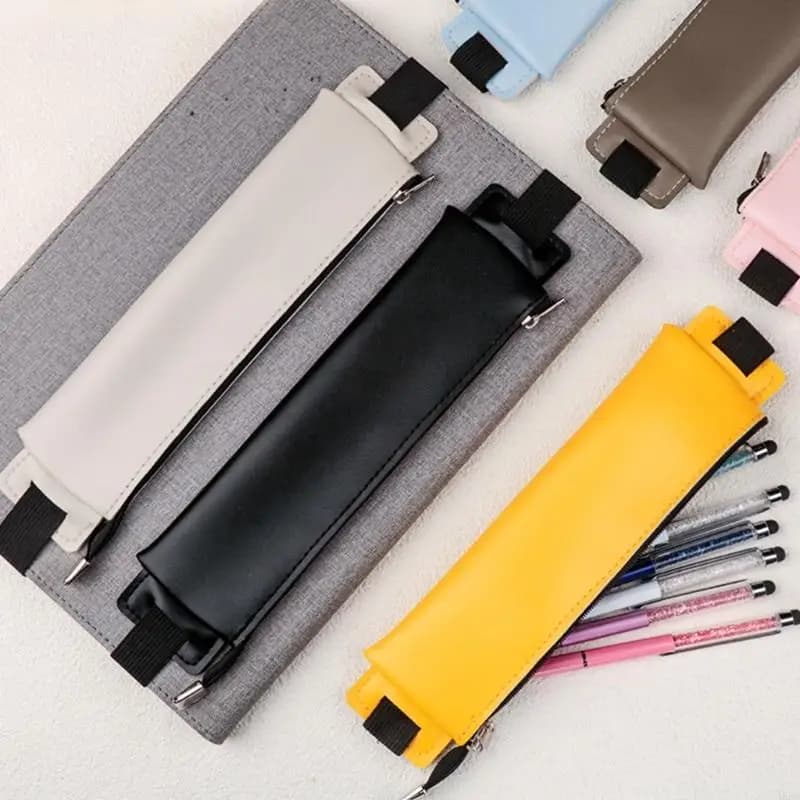 PU Leather Pen Holder, Zippered Pencil Holder Pen Sleeve Case With Elastic Bands For Notebook Planner Journal Notepads