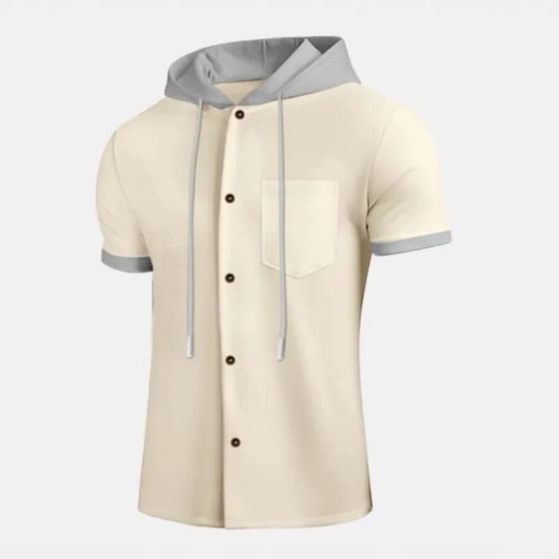 Maglietta Estiva con Cappuccio e Colletto Henry a Maniche Corte, Top Casual con Tasche a Contrasto, T-shirt Traspirante alla Moda per Business e Golf