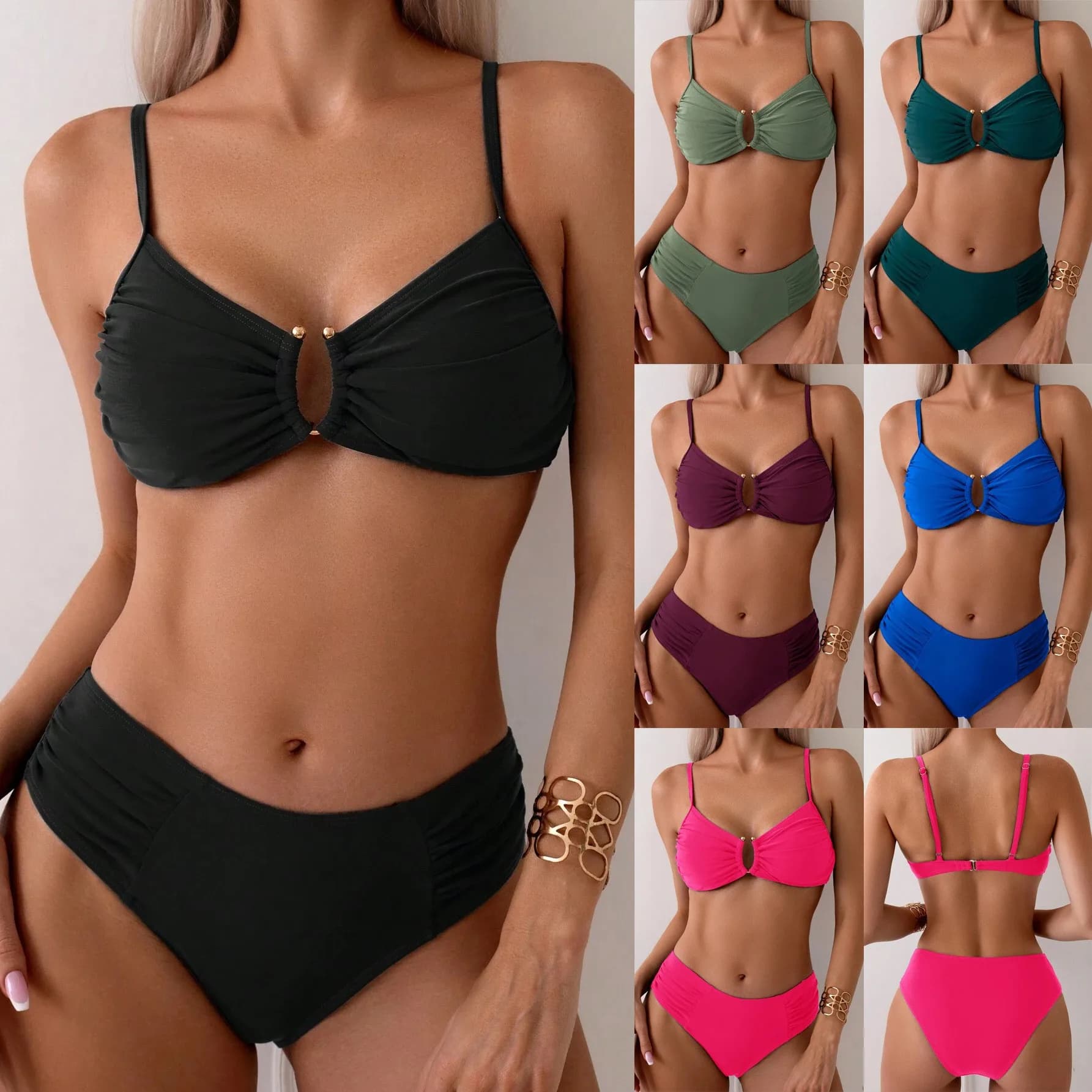 Bikini da donna con top arricciato e slip a vita alta, set due pezzi con cut-out frontale, costume da bagno da spiaggia