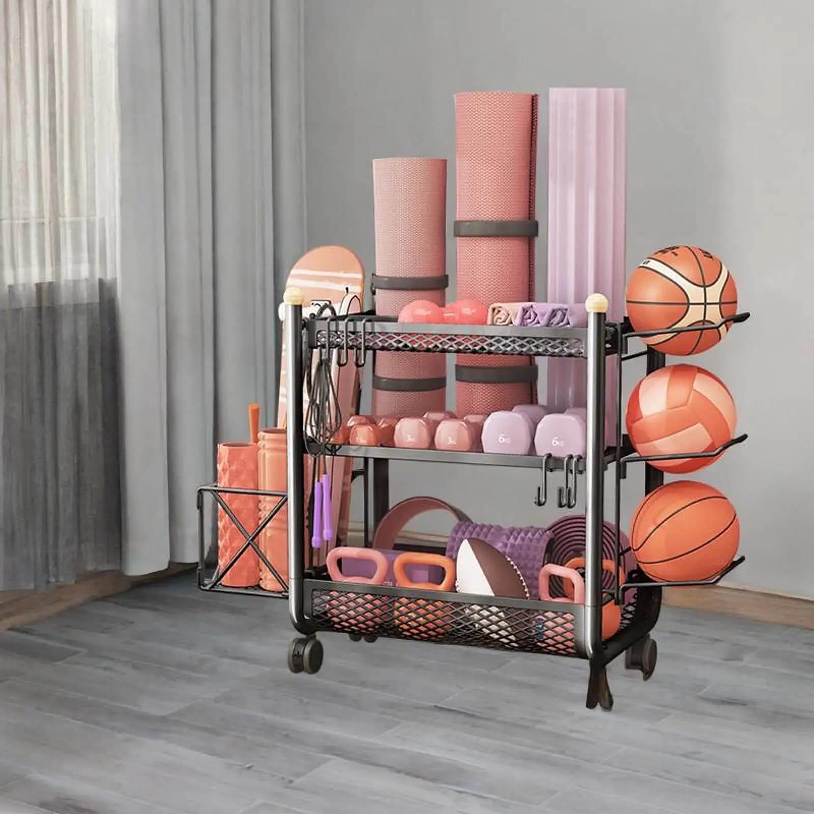 Sports Equipment Organizer Vertical Basket Support Rotary Ball Storage Rack For Kettlebell Football Badminton