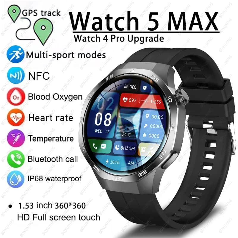 2025 New Watch 5 MAX Smart Watch HD AMOLED Screen NFC GPS Tracker Bluetooth Call Waterproof Sports Health Smartwatch Man Woman