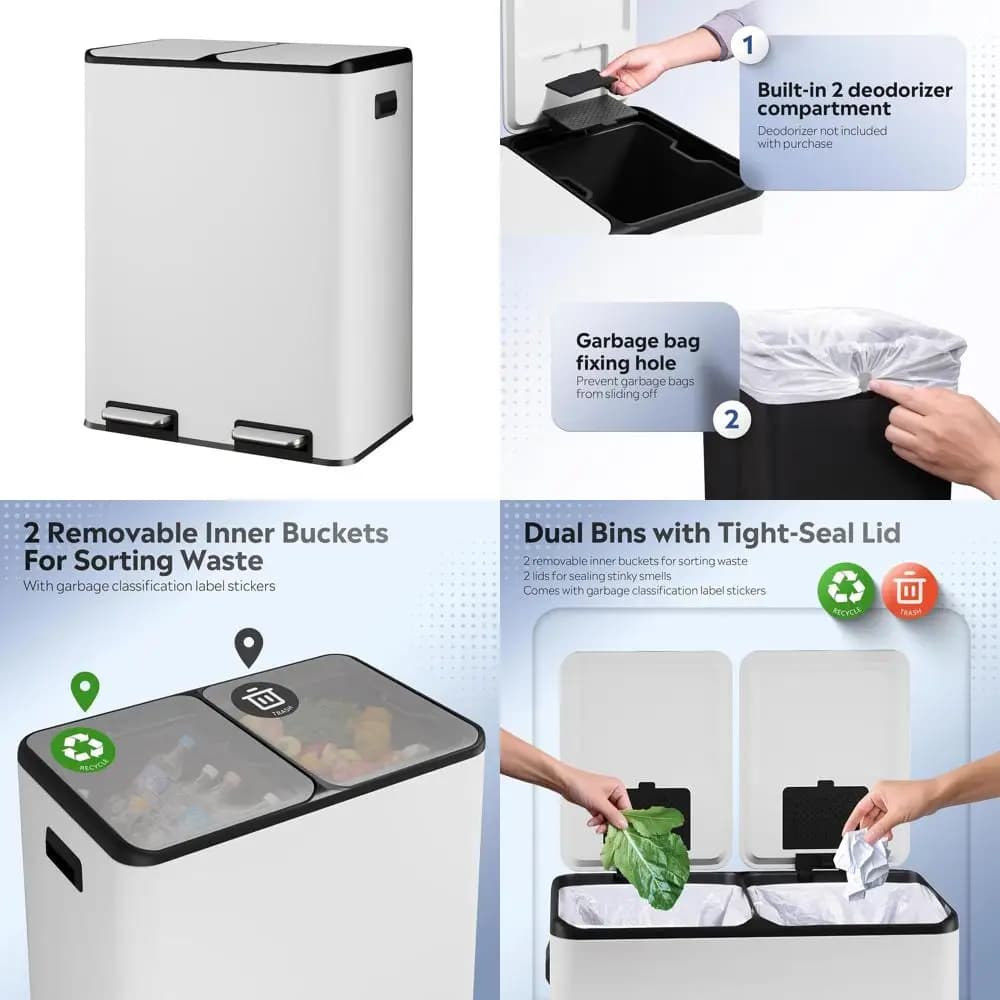Cestino Combinato per Rifiuti e Riciclo in Acciaio Inox con Coperchio a Chiusura Morbida, Filtro Deodorante e Secchi Interni, Bianco
