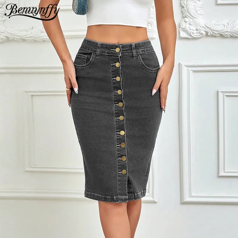 Benuynffy Streetwear Gonna di jeans monopetto vintage Donna Primavera Estate Vita alta abbinata Gonne longuette aderenti aderenti