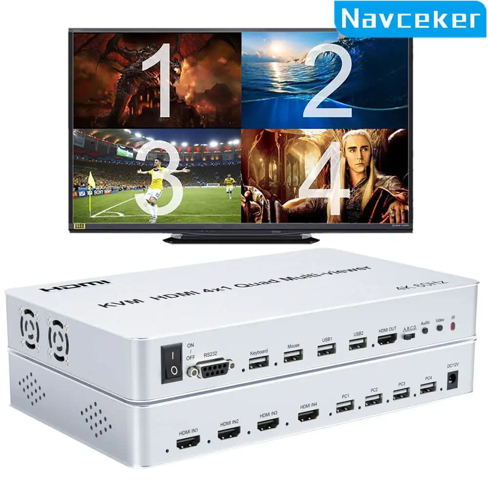 Navceker 4K 60Hz HDMI KVM Switch 4x1 Quad Multi Viewer 4 in 1 Out KVM HDMI Multiviewer schermo per 4 PC Condividi tastiera mouse