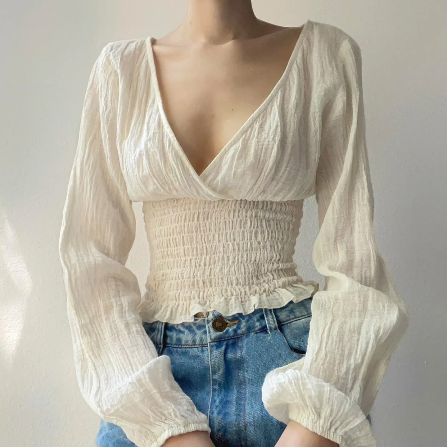 Deep V-neck Low-cut Fungus Edge Waist Lantern Sleeve Womens Tops Blouses