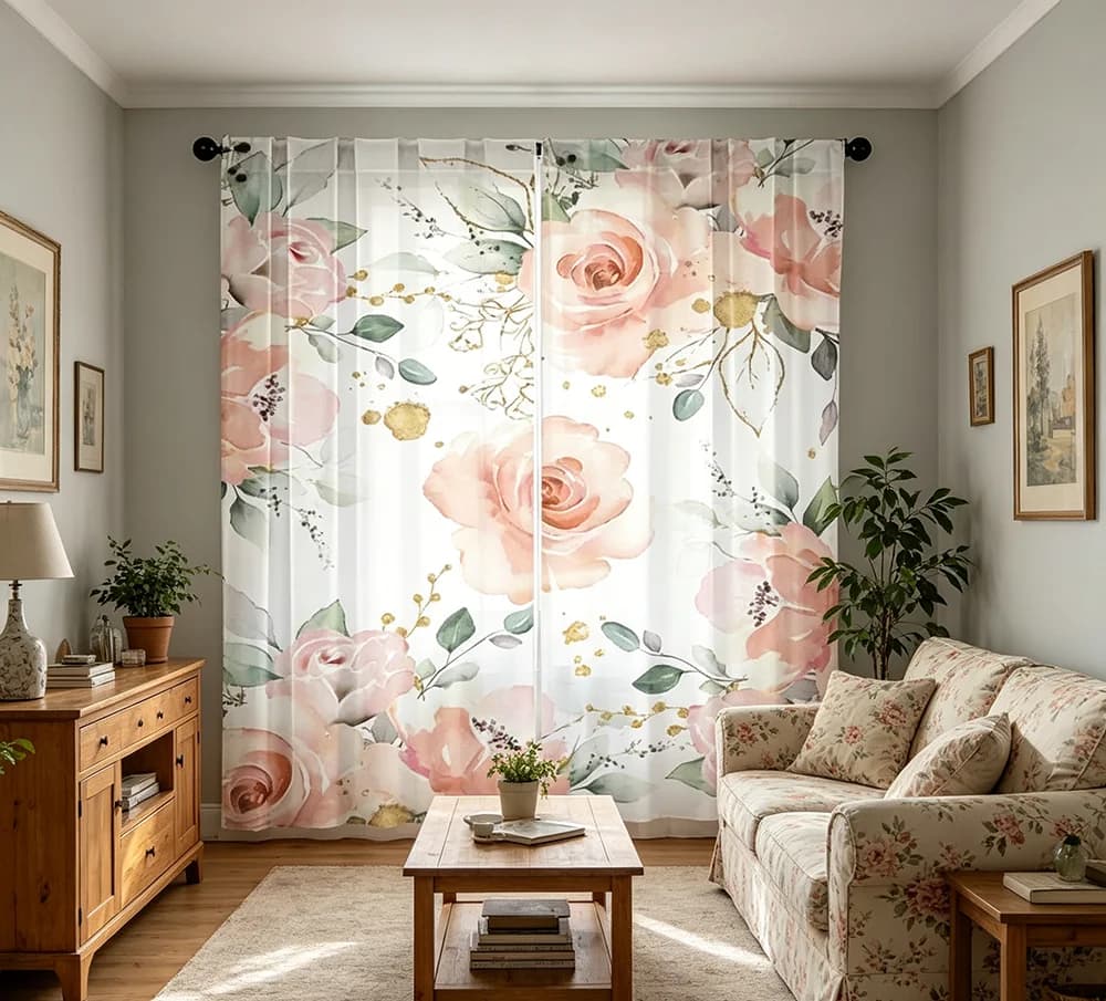 Digital Printed Sheer Curtain, Peach Rose Flower Print, Soft Romantic Pastel Floral for Living Room Bedroom Home Decor