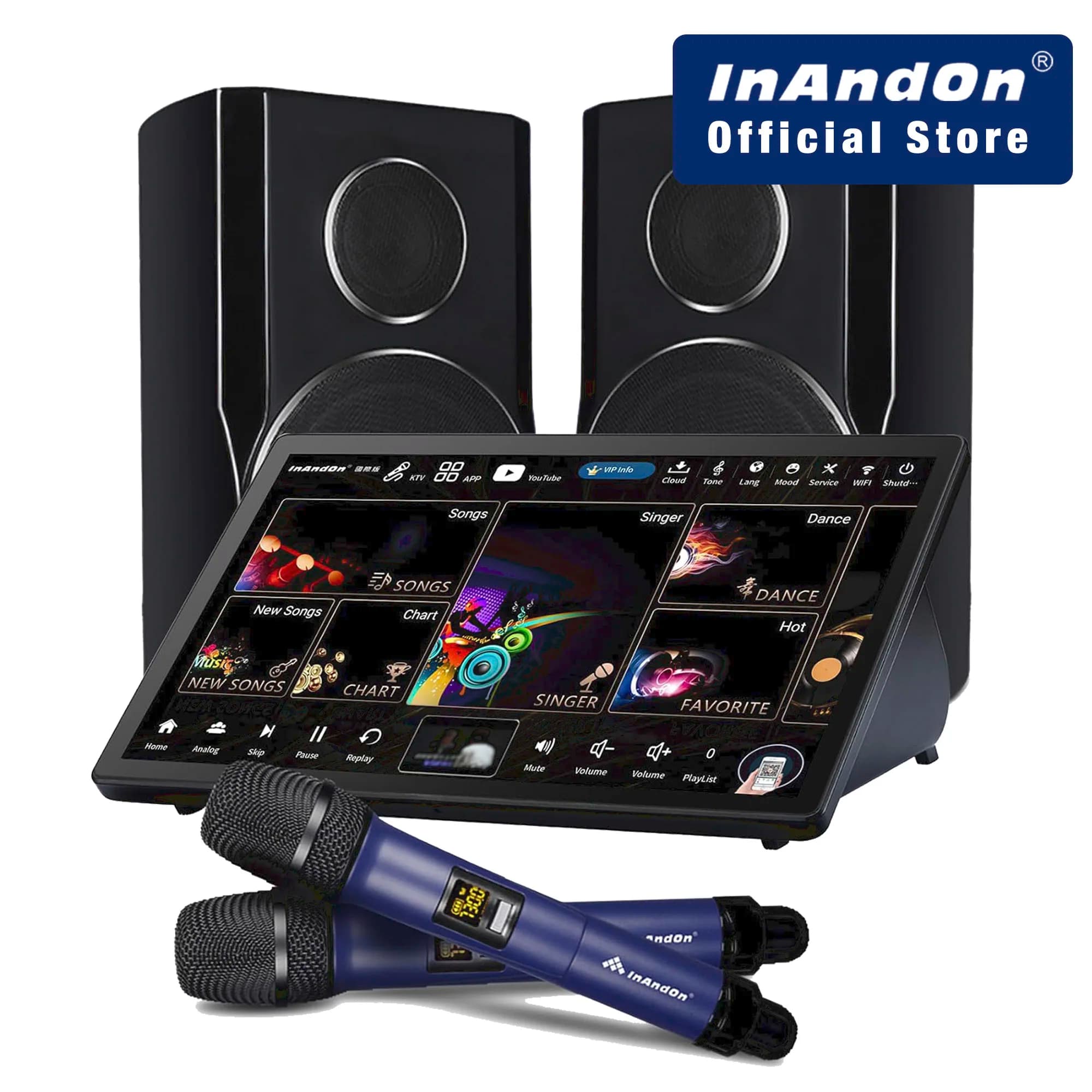 Macchina per karaoke InAndOn KD9MAX 5in1 con altoparlanti + sistema karaoke + touchscreen da 15,6'' + mixer + 2 microfoni wireless