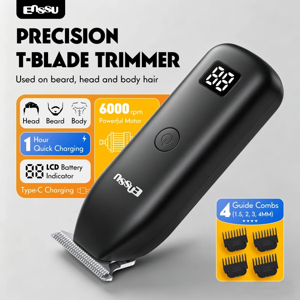 ENSSU Professional T‑Blade Hair Trimmer 6000RPM Electric Beard Body Clipper LCD Battery Indicator Type‑C Quick Charge 4 Guide Co
