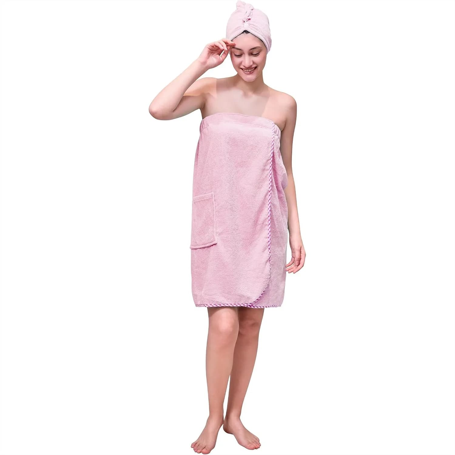 Women's Lightweight Spa Wrap with Hair Towel Body Wrap after Shower Adjustable Closure Bathrobe