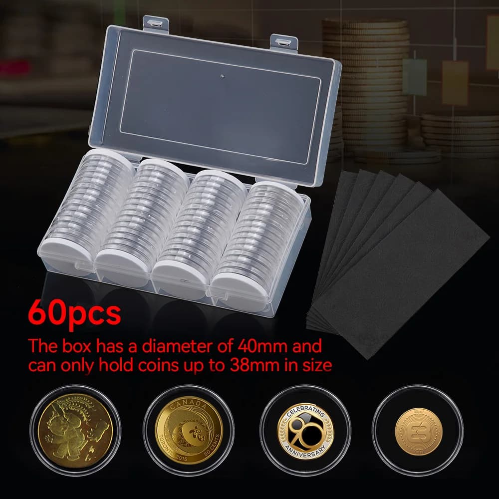 60 capsule trasparenti da 40 mm con cuscinetti interni regolabili e scatola portaoggetti per monete commemorative, gettoni e medaglie da 17-38 mm
