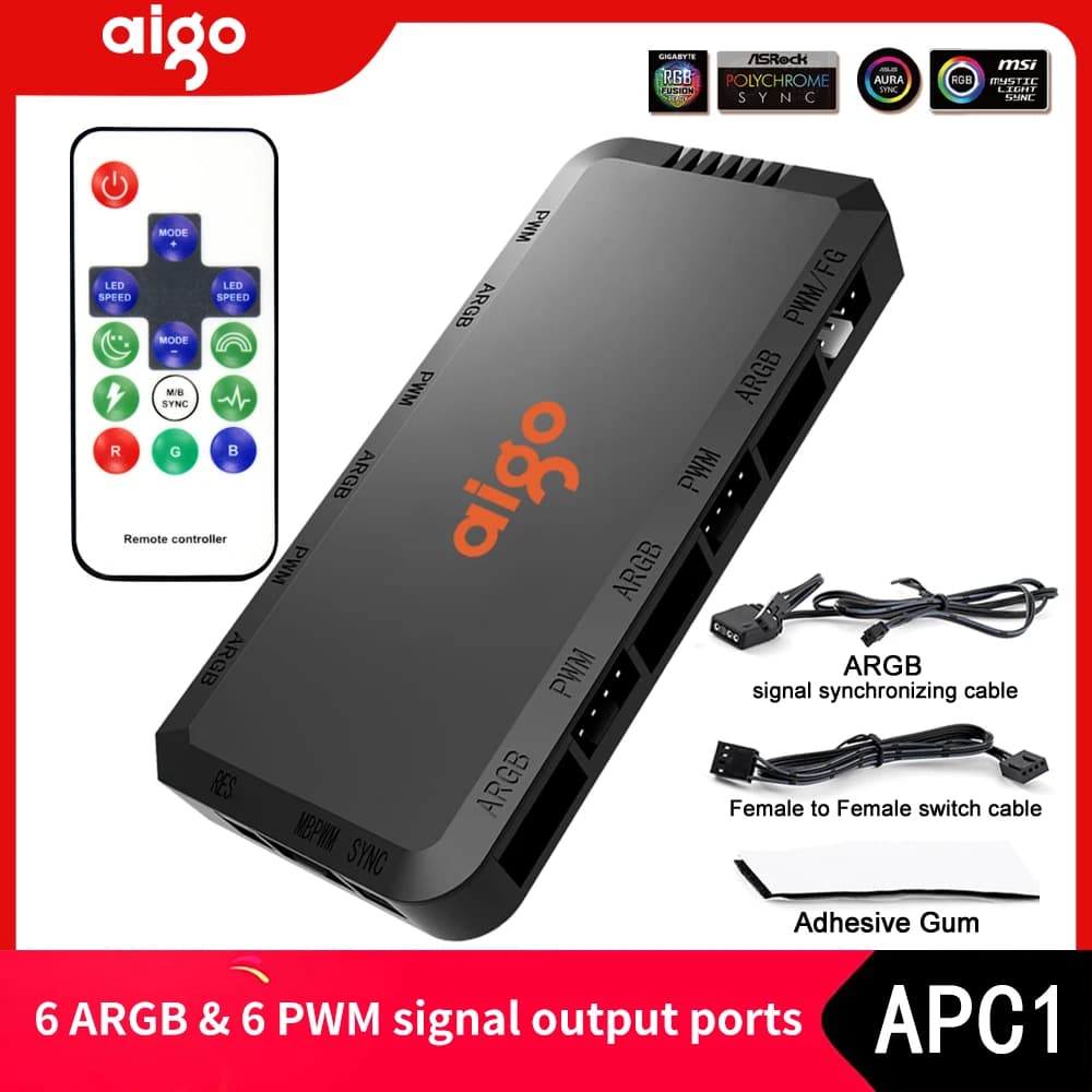 AIGO APC1 5V 3Pin ARGB Controller Ventola di raffreddamento Hub Splitter con telecomando 4 Pin PWM SATA Alimentato Hub PC Ventola Regolatore per Ventola Case