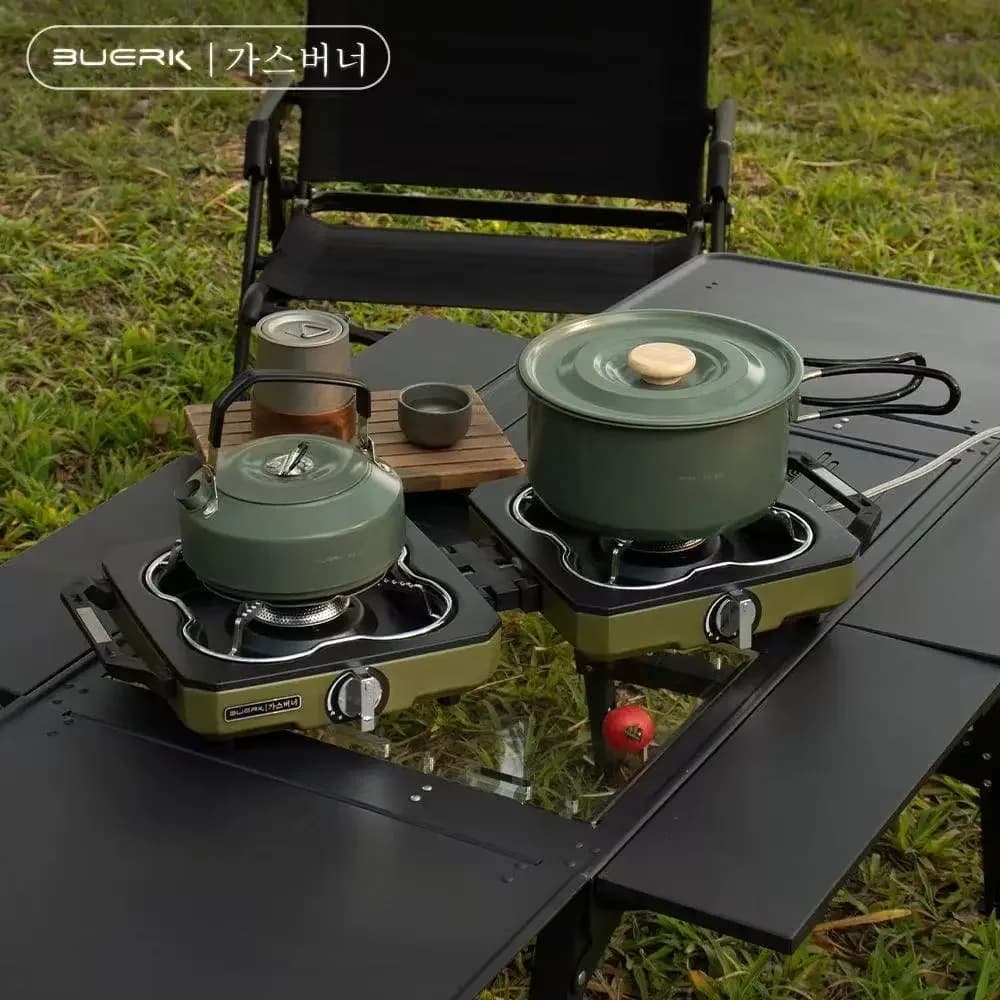 BUERK Fornello da campeggio Doppio bruciatore Portatile ad alta potenza di fuoco Pieghevole Bruciatore a gas da campeggio Set da cucina per barbecue all'aperto Fornello a gas da picnic