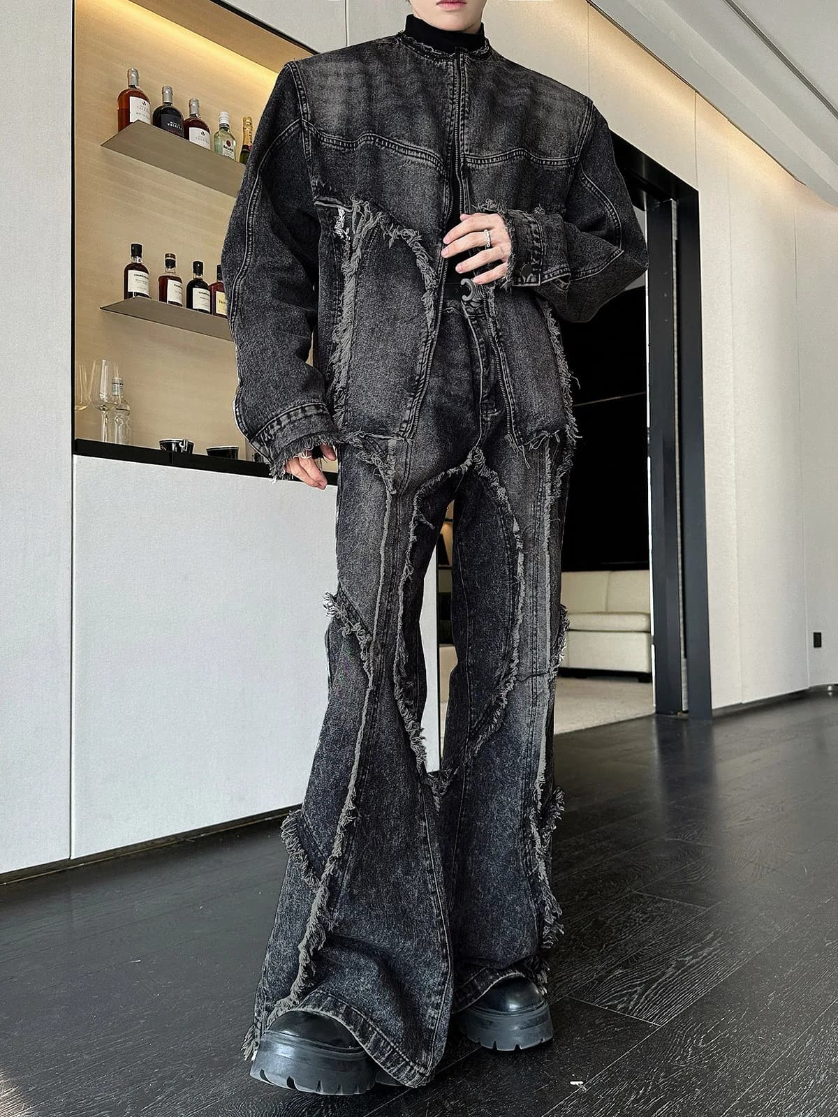 Retro Padded Shoulder Denim Jacket Men Loose Small Crowd Weathered Frayed Jacket Flared Pants Two Piece Set Trendy