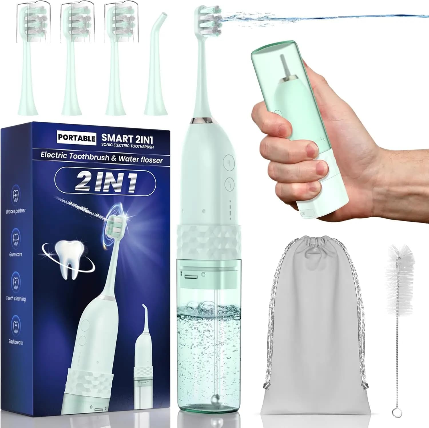 Electric toothbrush, 2-in-1 cleaning kit, 25-day battery, Green, Ideal for Travel