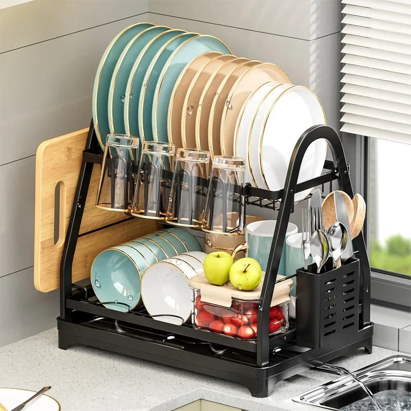 Kitchen side dish, bowls at 2 levels, with plate, wands, knife, fork, water cup, kitchen support organizer