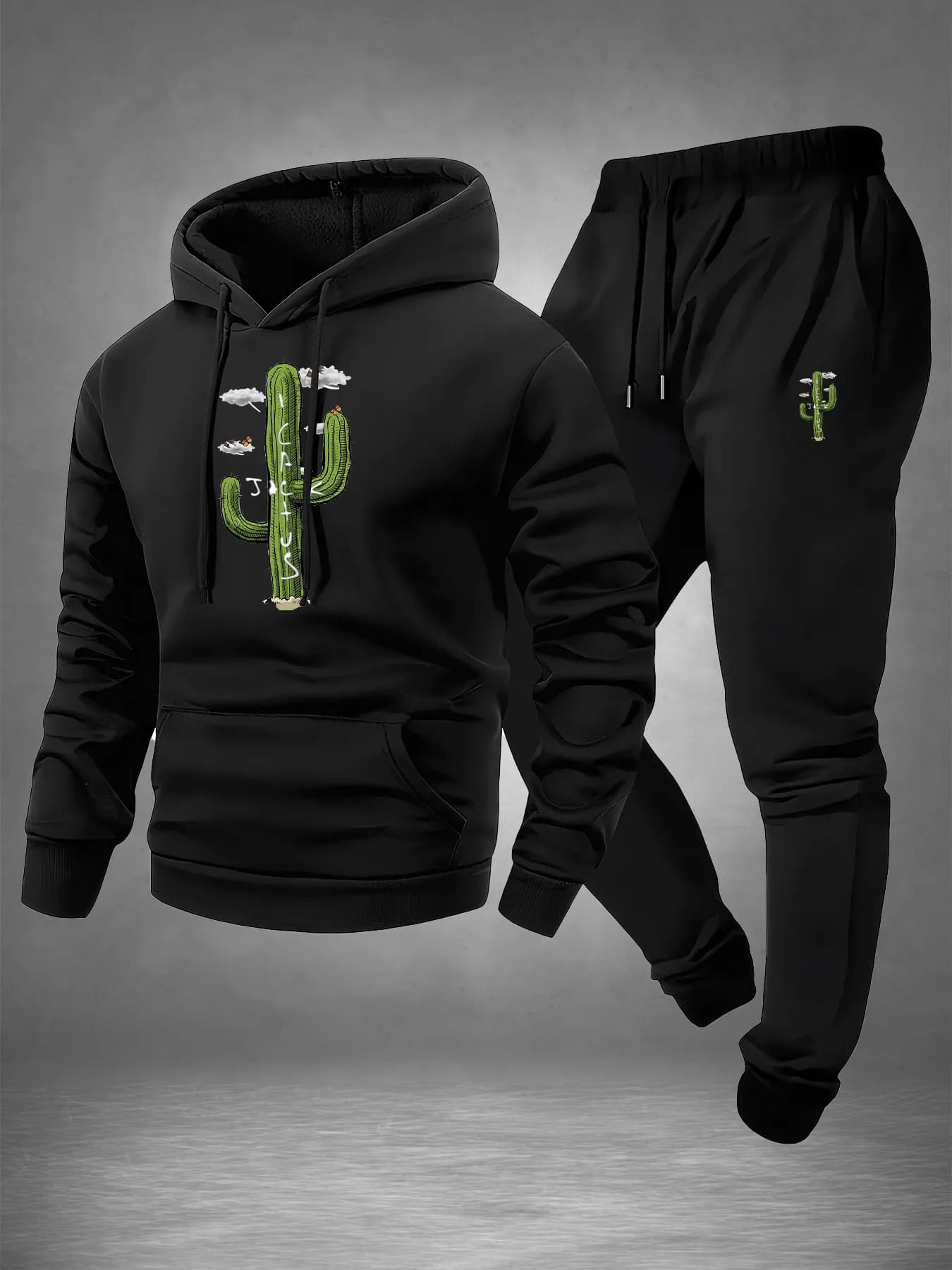 2026 Men Cactus Graphic Letter Print 2‑Piece Tracksuit Hoodie & Jogger Pants Autumn Winter Casual Sportswear