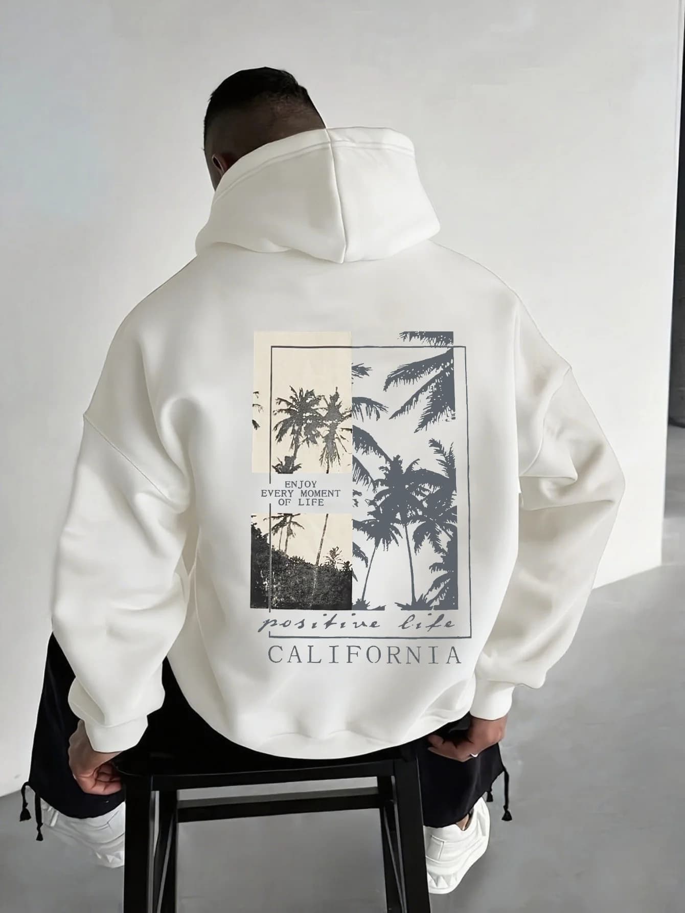 Men's Stylish Street Hoodie with Palm Tree Pattern Print for Autumn and Winter Comfortable Loose Thick Warm Outdoor Leisure Wear