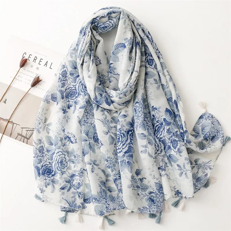Classic scarf with blue floral print Stylish shawl with tassels Casual windproof Wrap head Hijab Solar Protection Travel towel for women
