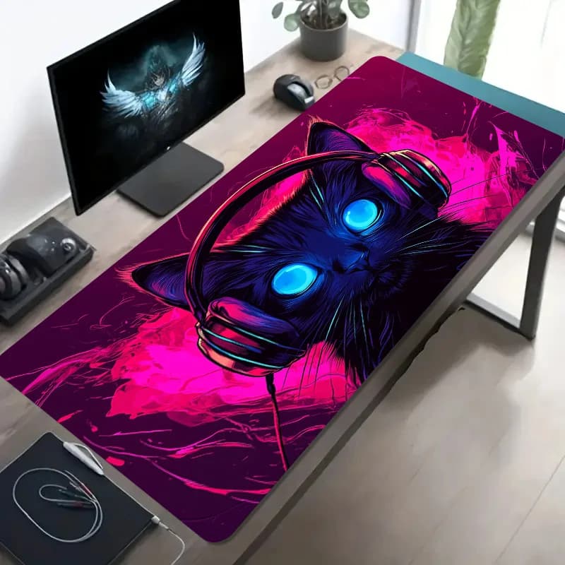 Exterior Gaming Mouse Mat with Cat Shape Neon Lighting, Anti-slip, for Computer Office and Setup