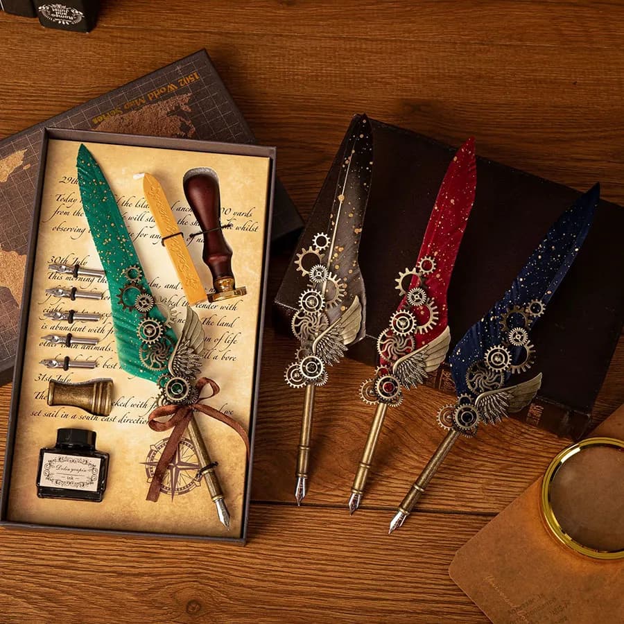 High-End Vintage Mechanical Gear Feather Pen Set Gothic Calligraphy Dipping Pen with Ink Bottle Pen Stand Replacement Nib Sealin