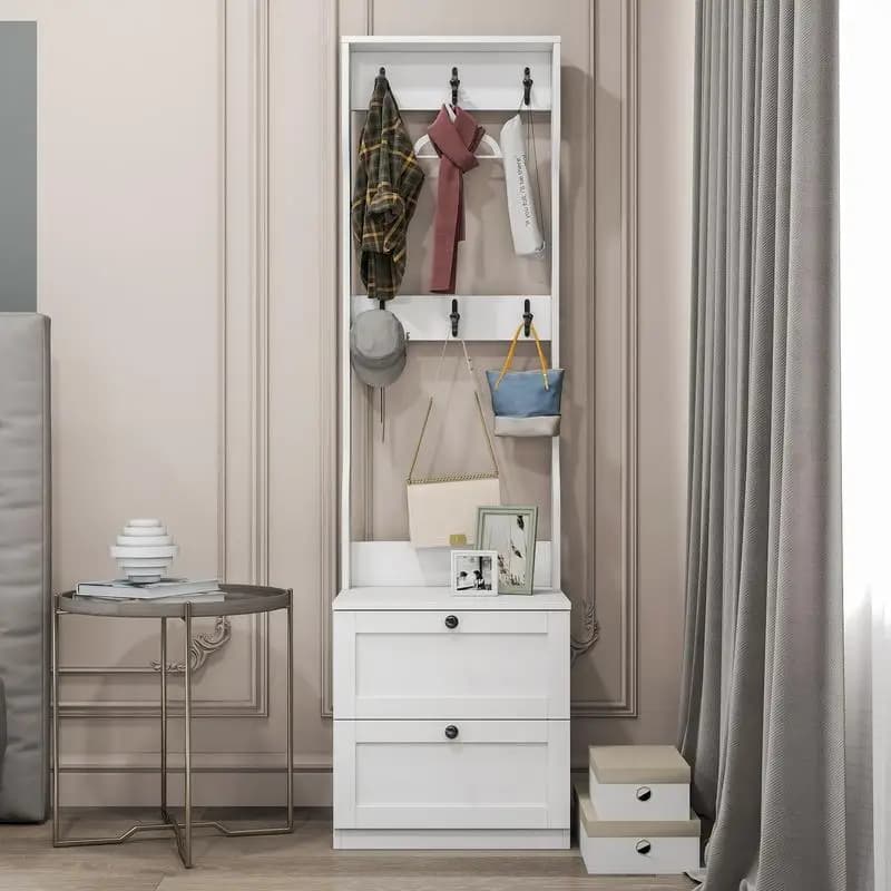 Appendiabiti e comodino 2 in 1 in legno con cassetto e ganci, appendiabiti indipendente per riporre la camera da letto e l'ingresso