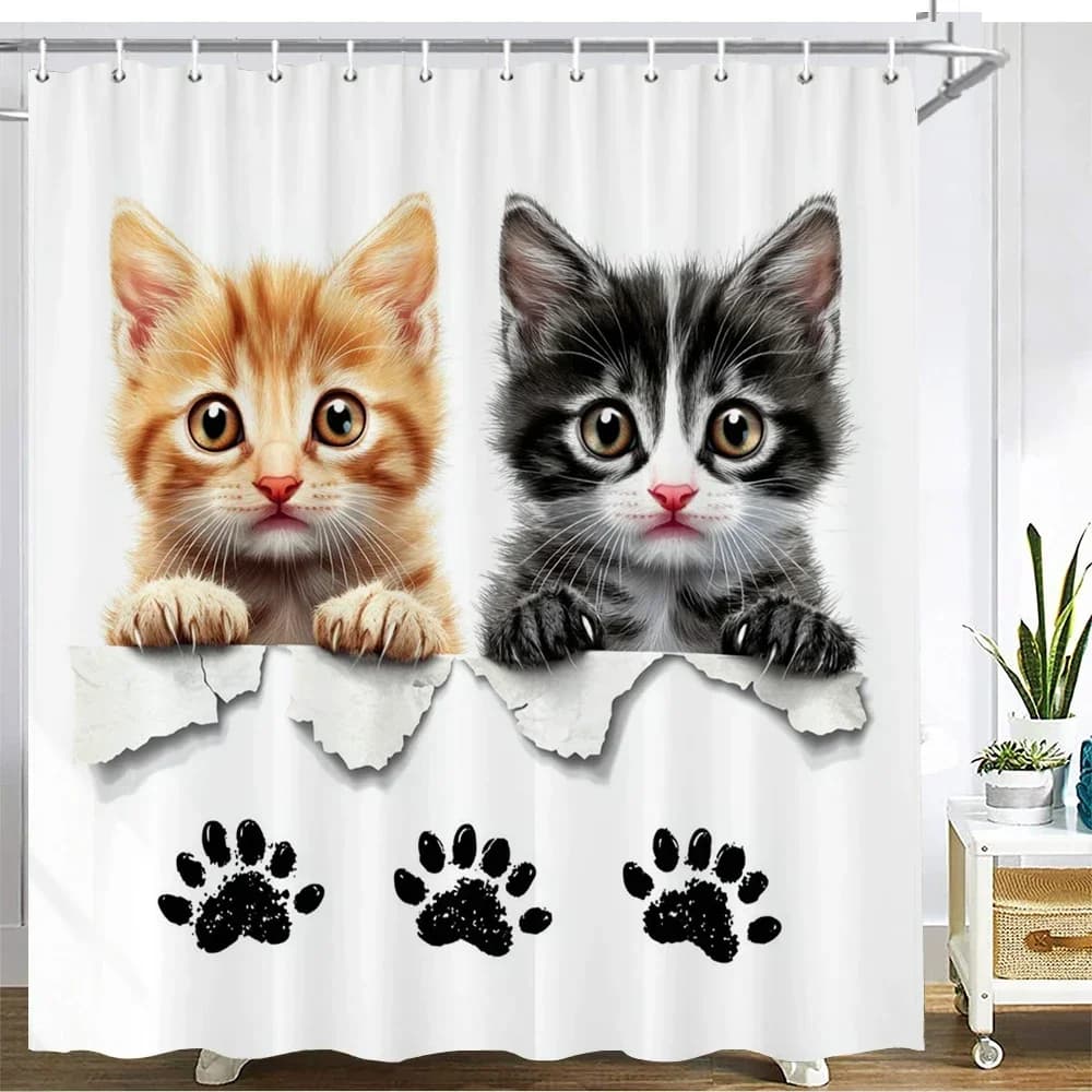Tenda da doccia creativa e interessante per gatti, tessuto stampato, cartone animato, adorabile gatto, tenda da bagno, vasca da bagno, decorazione per la casa