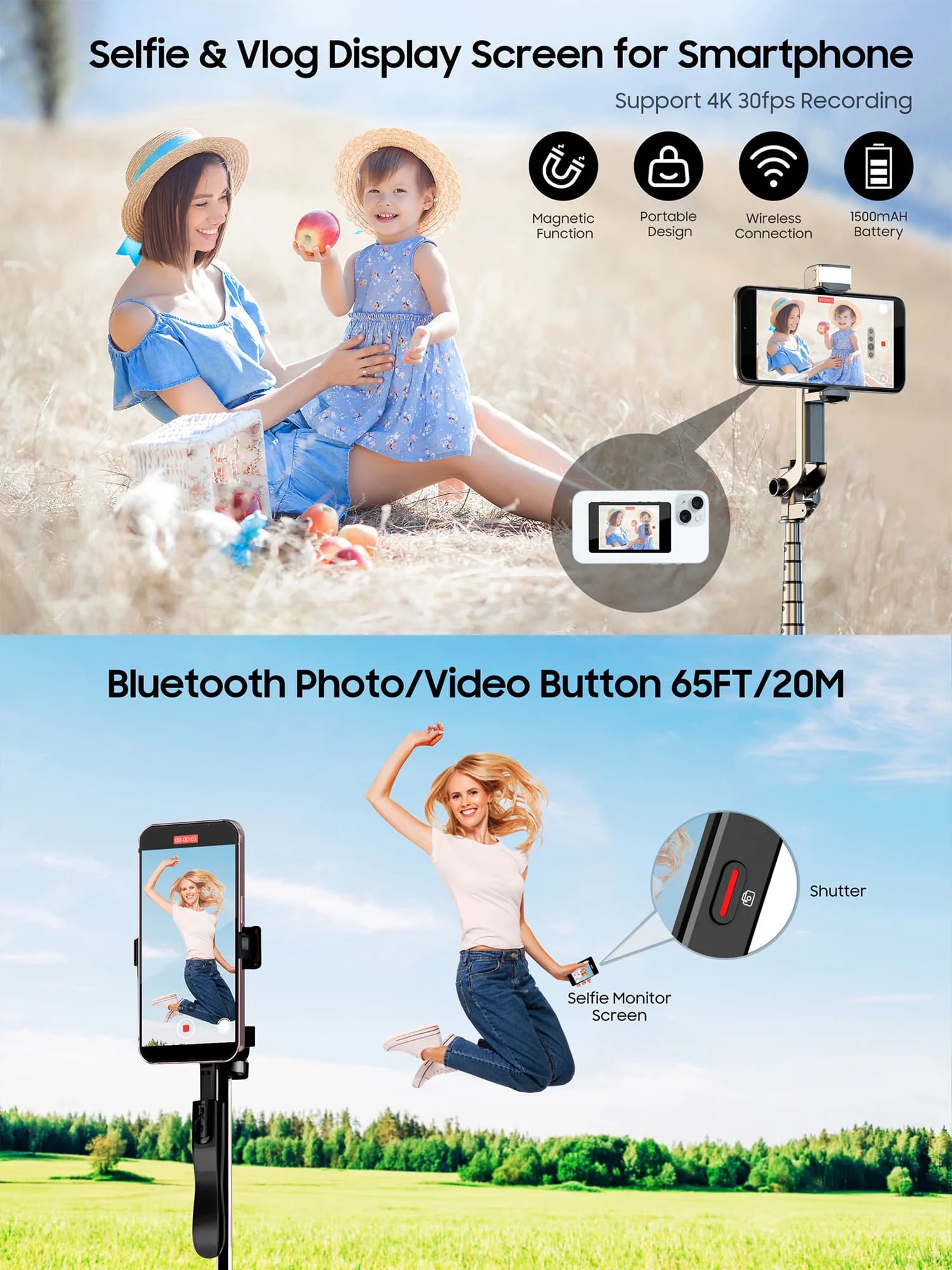 1500 mAh magnetic selfie monitor Same shared screen for iPhone Android Smart Phone Back Camera Vlog Video Record Selfie