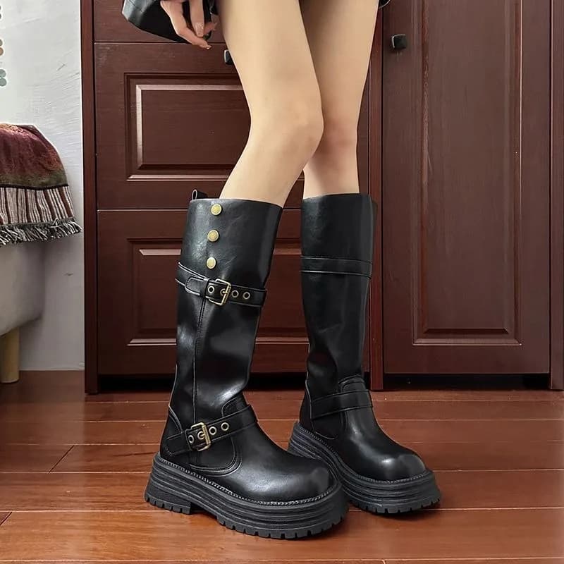 Stivali da donna con altezza crescente Risvolto Indossare bidirezionale Stivali lunghi al ginocchio stile cavaliere Punta tonda Decorazione con fibbia per cintura Scarpe da donna