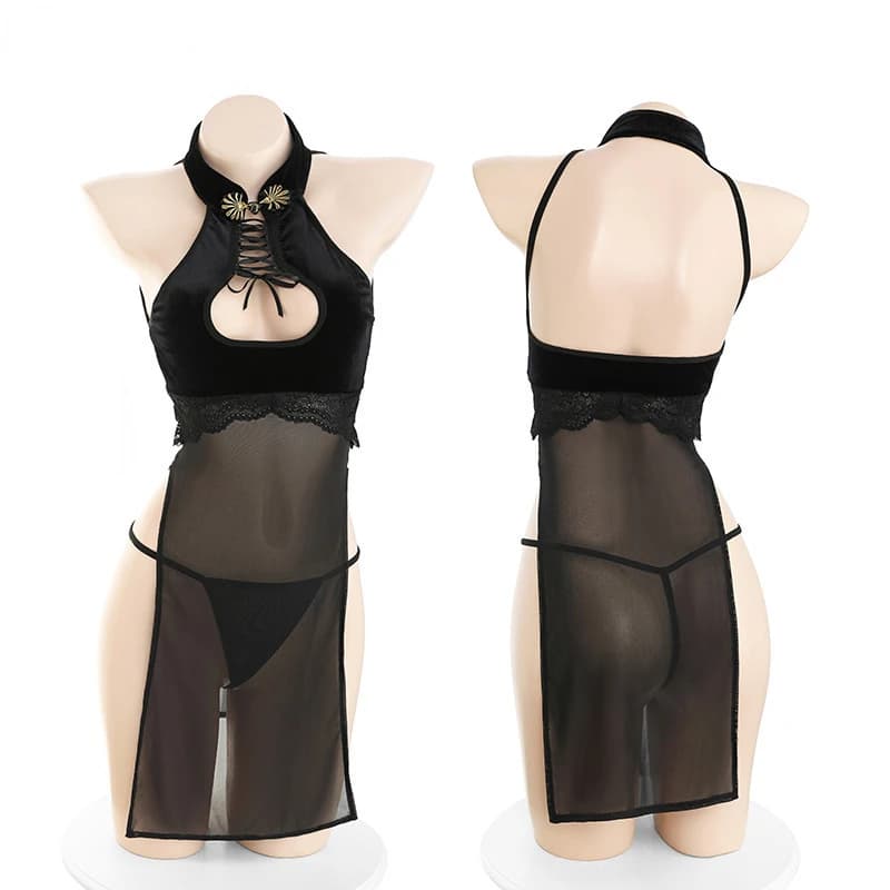 Anime Hollow Out Mesh Uniform Sex Women Cosplay Velvet Cheongsam Perspective Dress Suit Underwear Bar Halloween Costume