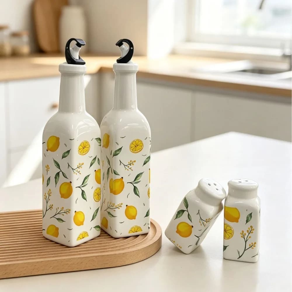 4Pcs Lemon Printing Ceramic Oil Vinegar Bottle Set Salt Pepper Bottle Kitchen Seasoning Bottle Set Home Kitchen Decoration