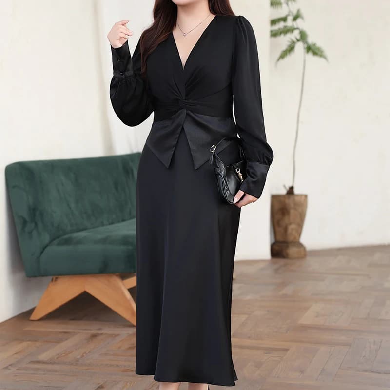 Women's Plus Size Shirt Satin Shirt with Pleated Seams with V-neck Premium French Design Smooth Sleeve with knot Autumn 2025