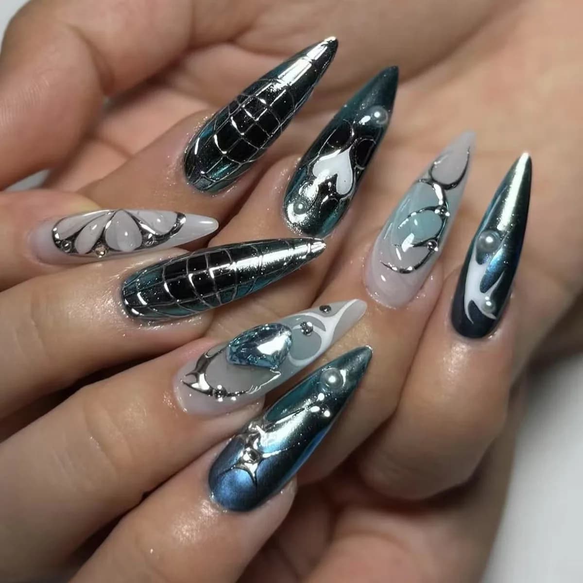 24 pezzi dolce freddo blu stiletto stampa sulle unghie metallizzato argento stella modello francese unghie finte Spice Girls indossabile set di unghie finte