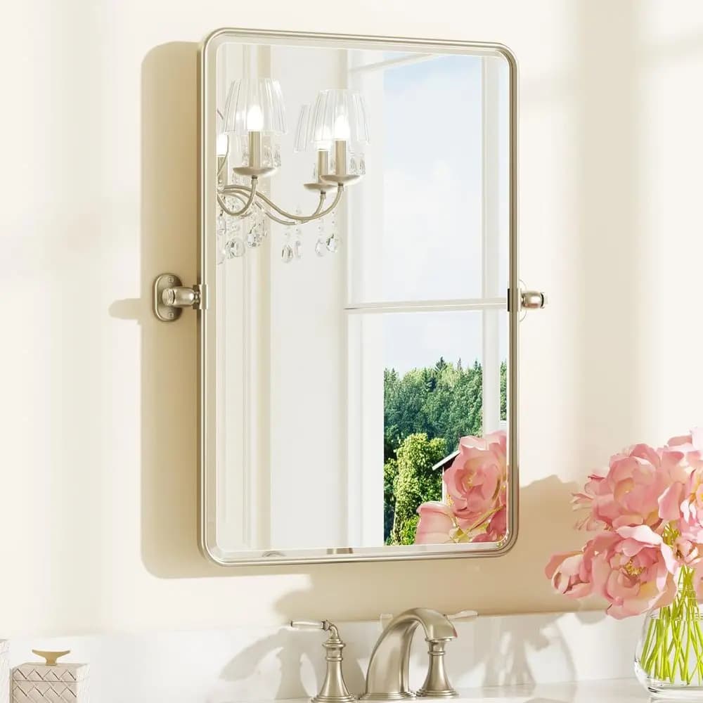 Specchio da bagno a perno in nichel spazzolato, 20x30 pollici, per bagno o sopra il lavabo, con bordo arrotondato e a perno, con cornice in metallo smussata