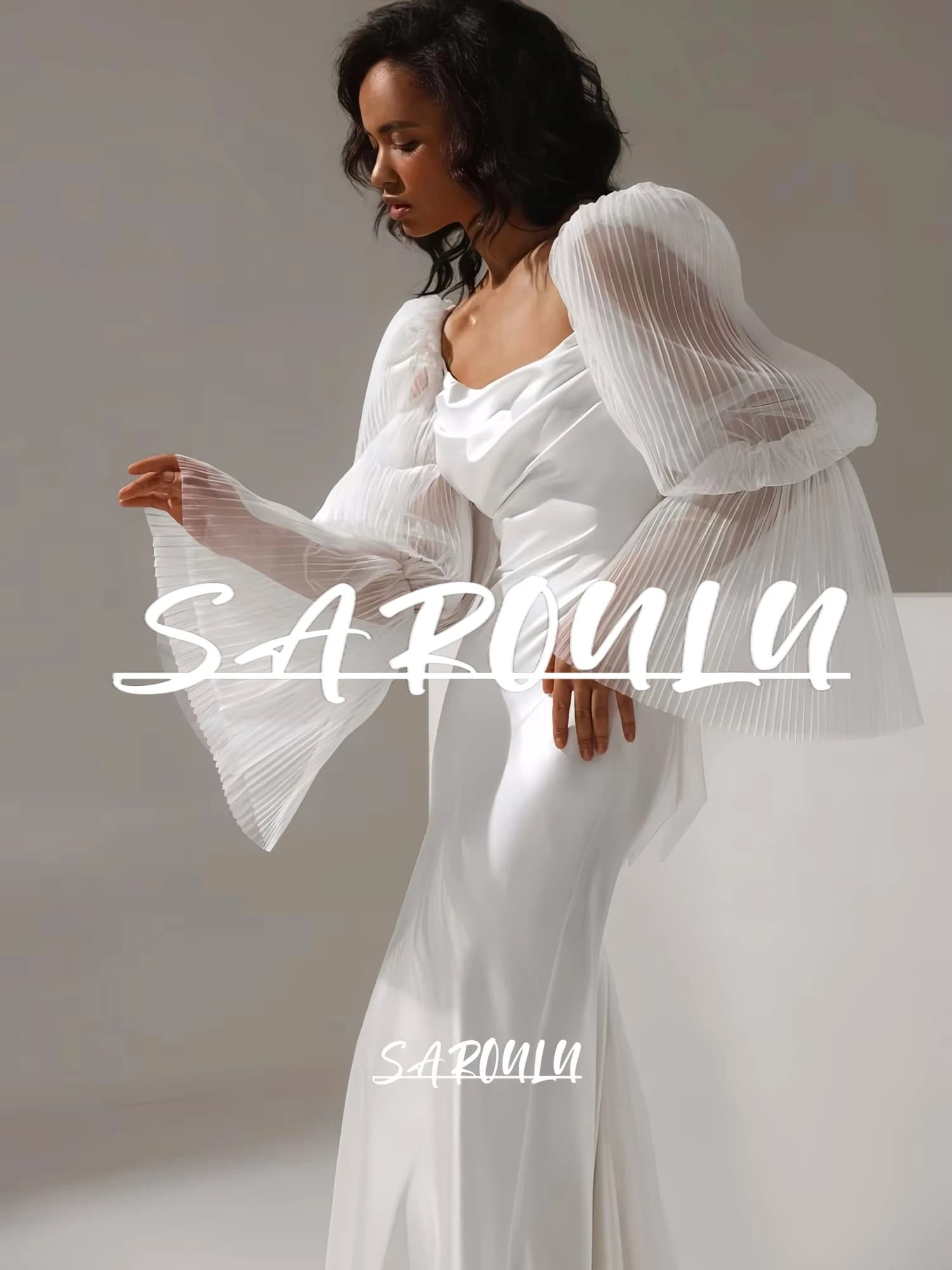 Abito da sposa in raso setoso di fascia alta per donna Abiti da ricevimento lunghi personalizzati con tubino lungo Abito da sposa a maniche lunghe con sbuffo