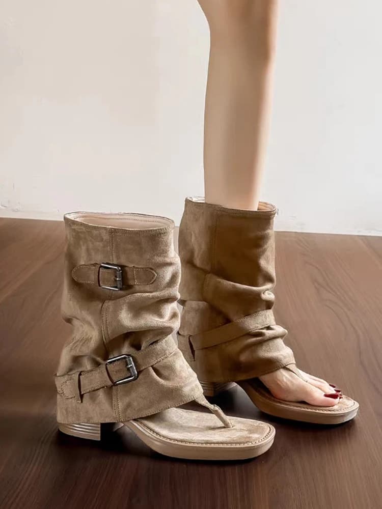 Retro Roman Style Thick Heel Square Head Toe-Mounted Sandals Women's 2026 New Summer Versatile Short Boots High Top