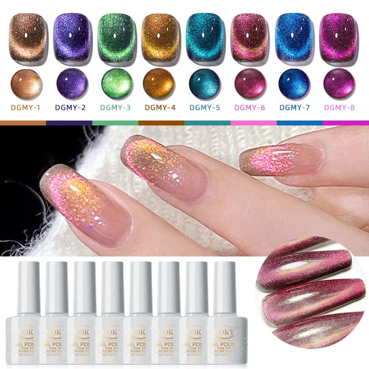 Set di 8 Smalti Gel Effetto Occhio di Gatto, Smalto Gel UV Magnetico Camaleonte con Effetto Galassia, Kit Smalto Gel UV/LED Semipermanente per Feste
