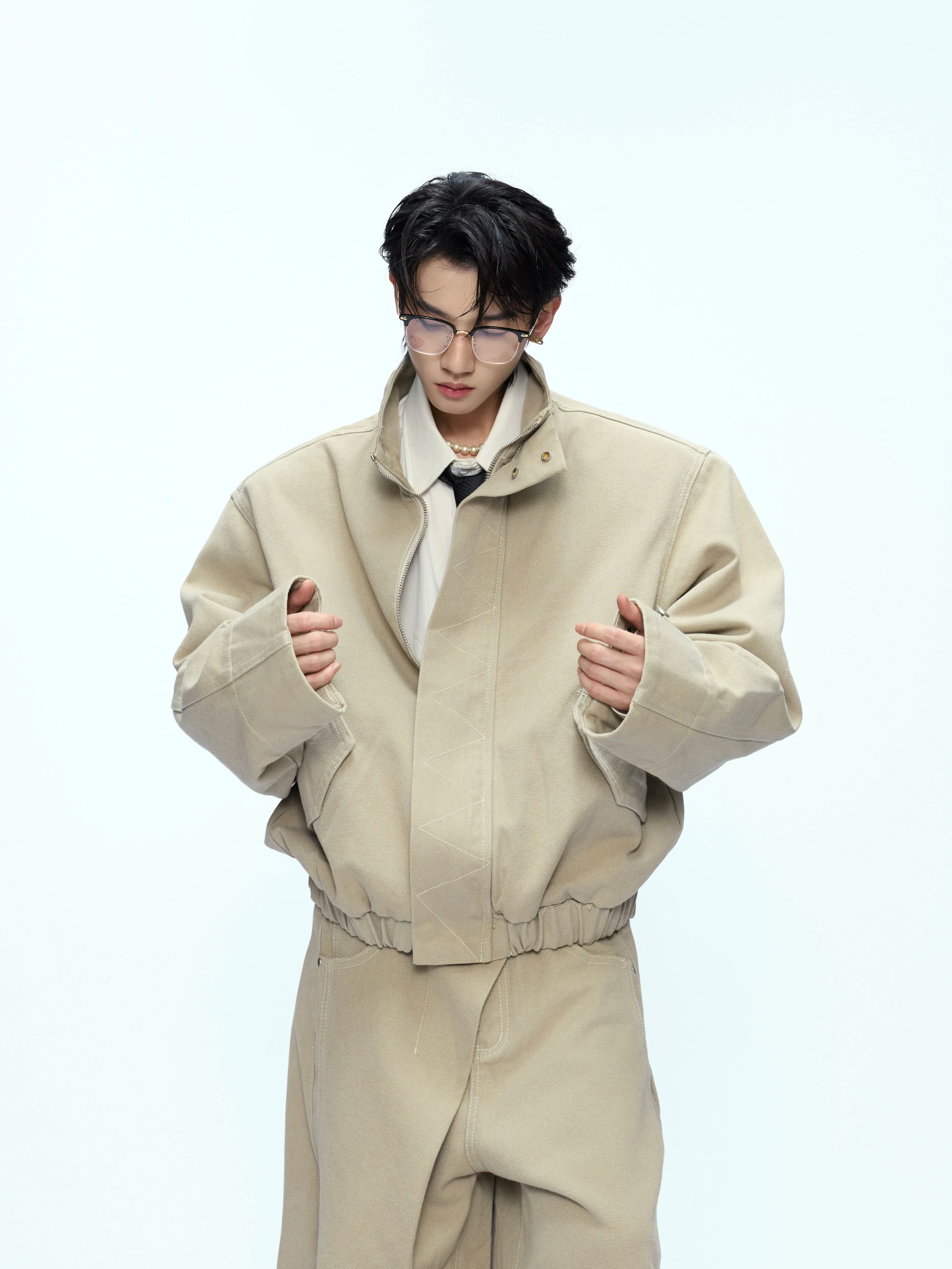 Retro Washed Harington Jacket Short Stand Collar Workwear Set Versatile Cotton Youth Fashion Standard Fit Zipper Closure No Hat
