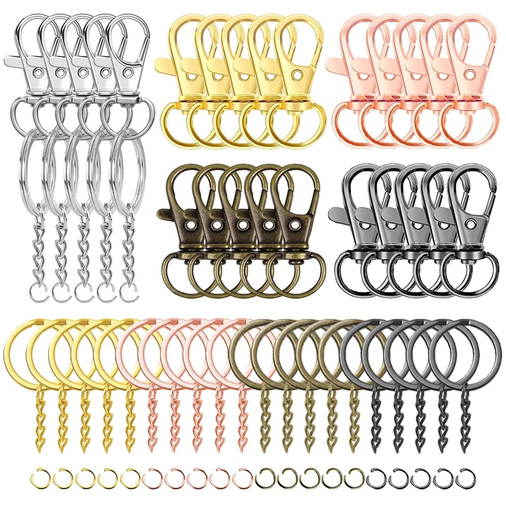 15/30 Set Swivel Lobster Clasp Keychains Key Rings Snap Hooks Key Chains Flat Rings and Jump Rings for DIY Crafts Jewelry Making