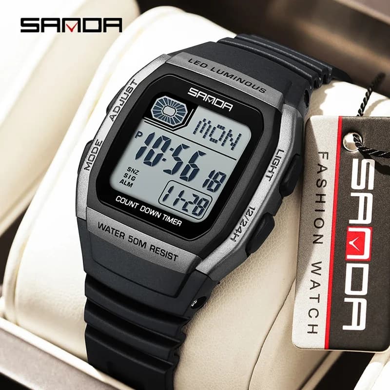 ]SANDA Fashion Trend Orologio elettronico per giovani Quadrato multifunzione Conto alla rovescia Orologio digitale da uomo sportivo casual impermeabile luminoso