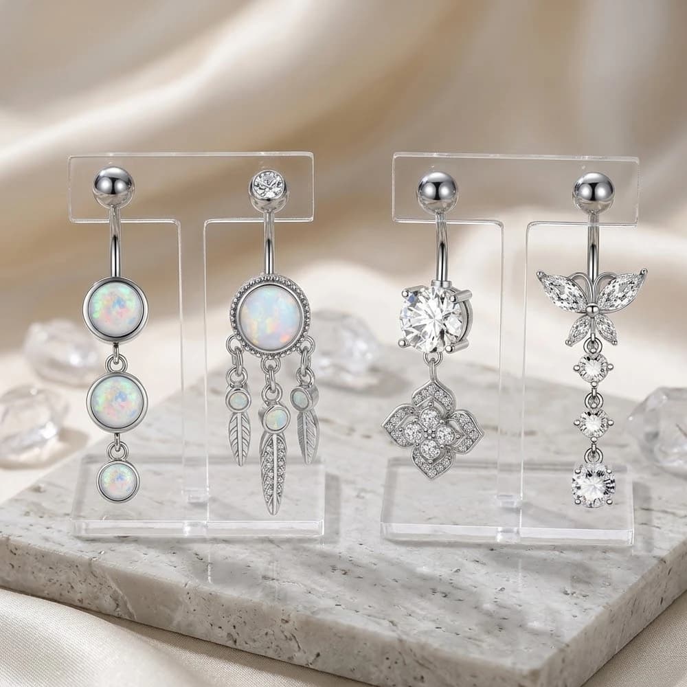 14G 316L Surgical Steel Belly Button Rings Opal Dreamcatcher CZ Butterfly Dangle Navel Piercing Summer Beach Body Jewelry for Wo