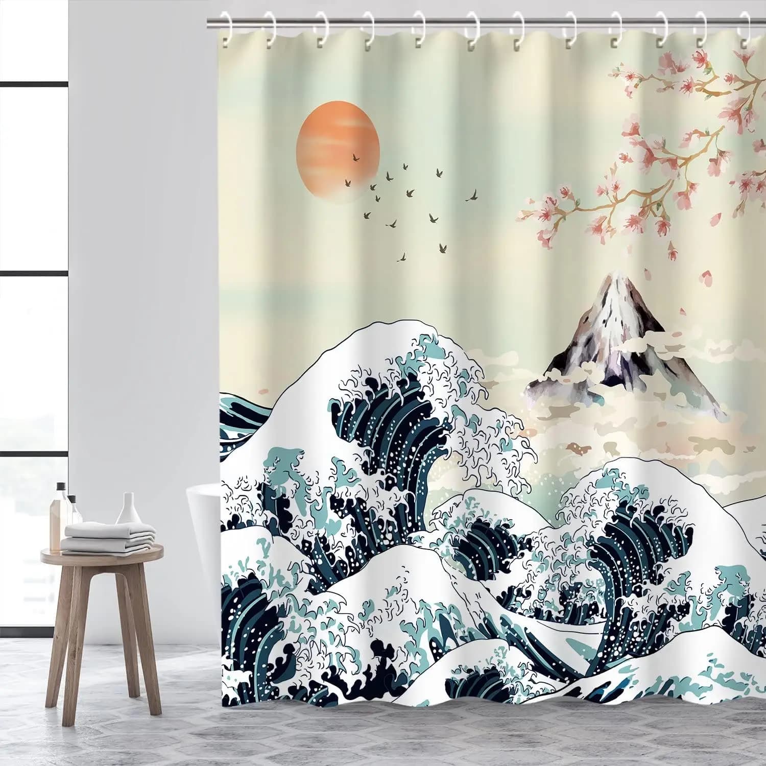 RosieLily Tenda da doccia ondulata giapponese, ganci artistici fantastici, tramonto di montagna anime per bagno, arredamento asiatico per uomo, 72 Lx72 A pollici