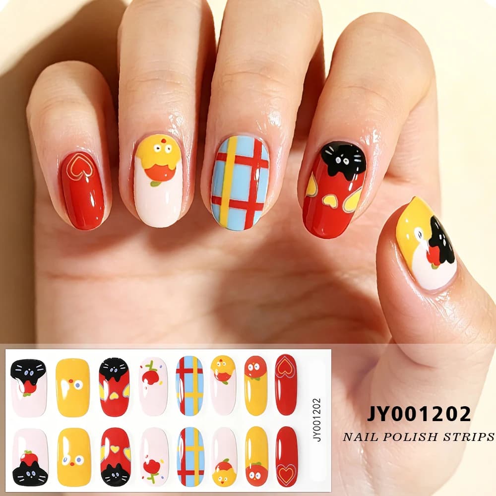 16 Pezzi Adesivi per Unghie con Motivi di Gatti Cartoon, Cuori e Animali, Multicolore, Semi-Polimerizzati per Manicure