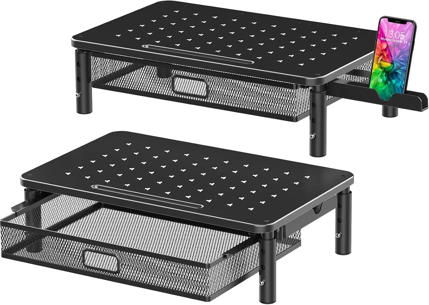 Metal Monitor Support (2 Pieces) with Adjustable Height, 2 Monitor Storage Box, Phone Support, Printer and Laptop