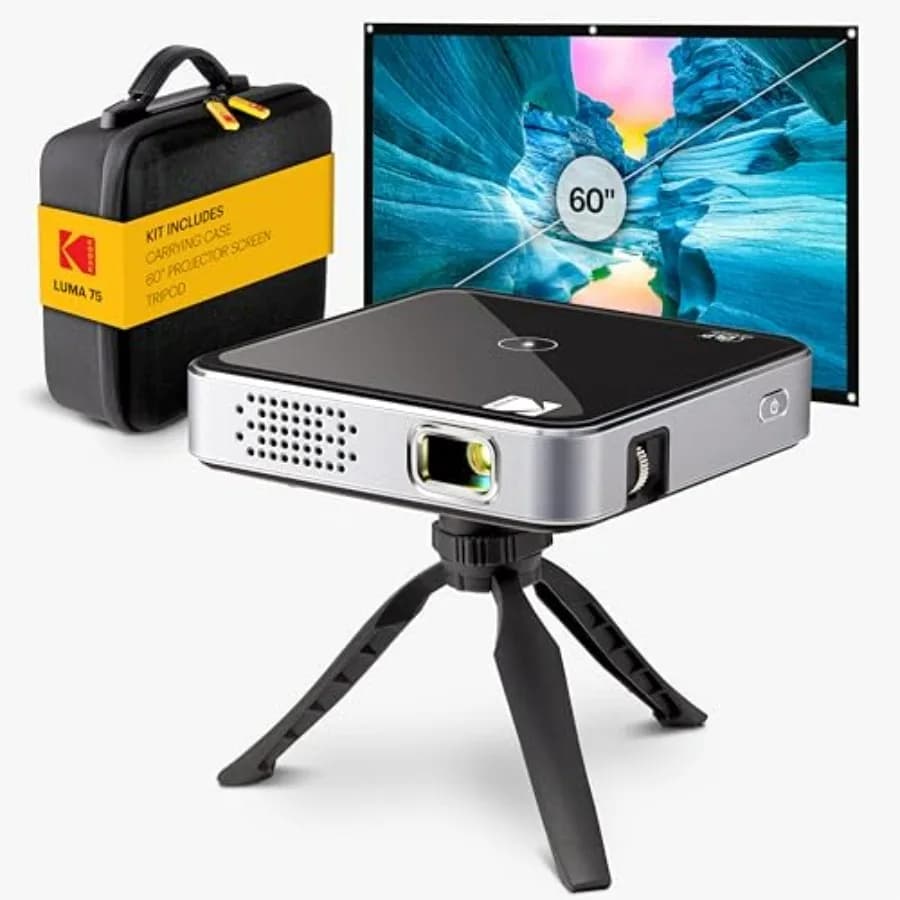 Kit Completo Luma 75 Proiettore DLP Ultra Mini Tascabile con Custodia, Treppiede e Schermo da 60 Pollici, Batteria Ricaricabile, Altoparlante Integrato, HDMI